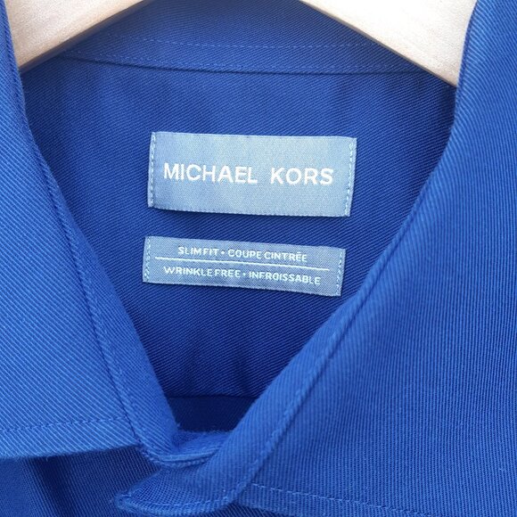 Michael Kors SZ16 Slim Fit Men's Wrinkle Free Cotton Marine Blue Button Up Shirt - Picture 3 of 15